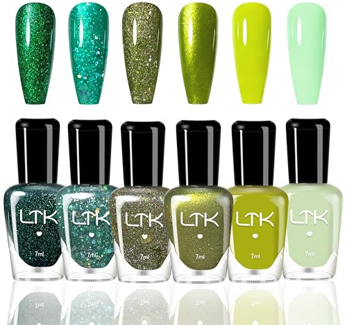 6 st grönt nagellacksset – skonsamt och långvarigt vattenbaserat nagelpolish – inget UV-nagellack för gör-det-själv nagelkonst manikyr hemma, veganskt och djurförsöksfritt, vanlig färglack (GREEN)