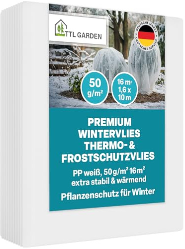 TTL GARDEN 50g/m² Wintervlies 16m² 1,6m x 10m weiß Frostschutz Thermovlies | - Gartenvlies Winterschutz für Pflanzen außen – Pflanzenvlies Pflanzenschutz Winter Kübel & Hochbeet - bei Regen Wind Frost