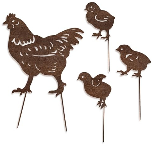 Dkant Decoracion Jardin Exterior Gallinas de Metal (30x30 mm y 18x15 mm) | Figuras Jardin - Estacas Decorativas para Jardin - Animales Decorativos de Exterior para Clavar en la Tierra