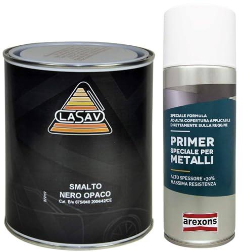 MASTERBRICO Kit Smalto Nitrosintetico Nero Opaco 750 ml | + Fondo Riempitivo Speciale Metalli 400 ml – Sistema Completo per Primer e Finitura su Metallo e Superfici Industriali