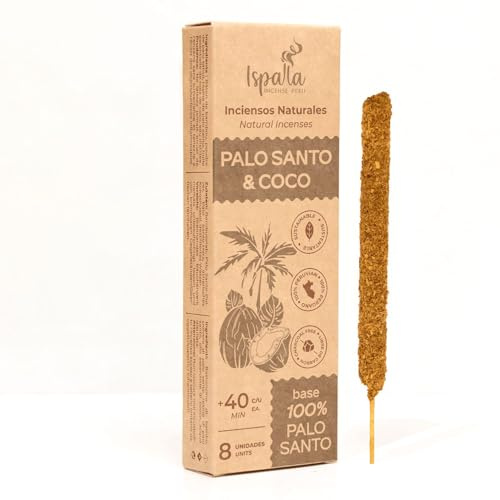 ISPALLA® Aromalinie Lot de 8 bâtonnets d'encens Wohlbefinden - Palo Santo et noix de coco - 8 bâtonnets épais - Pour harmonie et moments de détente - Fabriqué à la main au Pérou - 100 % naturel et