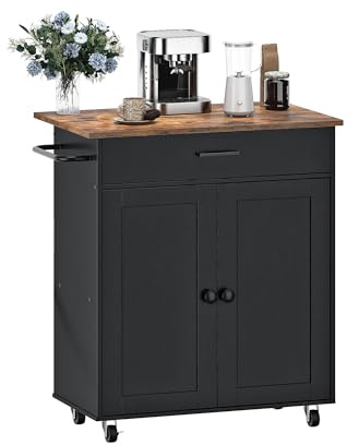 CHOEZON Carro con Almacenamiento, Isla de Cocina con Regleta, Carrito con Ruedas, Doble Puerta, Encimera Plegable, Negro y Natural DMZD01BF