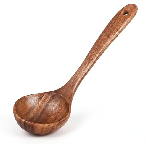Wooden Soup Spoon for Cooking, Teak Wood Soup Ladle, Non-Toxic Natural Wood Serving Spoon for Gravy Sauce, Long Handle Deep Scooper, No-Scratch Cookware Safe Utensil