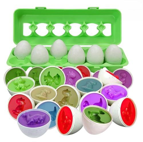 Toyana Baby Matching Eggs Toy in Box, 12 Eggs 24 PCs Dinosaur Shape Sorting Puzzle, Fine Motor Skills Toy, Educational Sensory Learning Preschool Toddler Montessori Easter Gift Play Set for Boys Girls