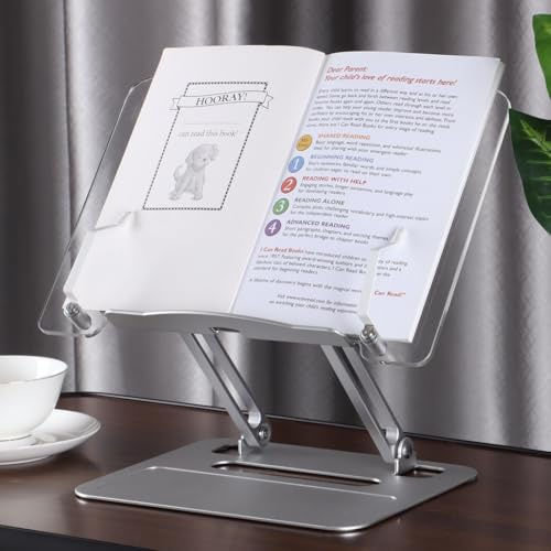 Bokstativ av akryl för läsning, kokbokshållare, justerbar höjd och vinkel, aluminium, vikbart och bärbart laptopstativ för kontor, kök, lärobok, recept, tidning
