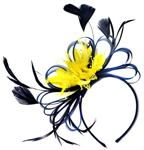 Caprilite marinblå och gul fascinator lätt nät ring fjäder hår pannband bröllop kunglig Ascot raser