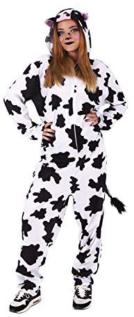 Rubies Disfraz Vaca para adulto, Unisex talla Única, Jumpsuit color blanco con manchas negras y capuchay cola adjunta, original de Rubies