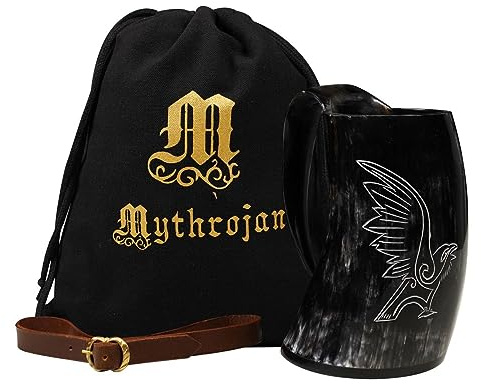Mythrojan Viking Drinking Tankard with Medieval Buckle Leather Strap Wine Beer Mead Mug 800 ML - Polished Finish