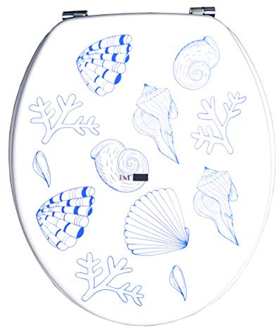 BM 4103 Copriwater Sedile Tavoletta WC Universale Coperchio Toilet Seat in Legno MDF Blu Decorato Motivo Conchiglie Asterie Sfondo Bianco, Misura Standard Fissaggio dal Basso Cerniere in Acciaio