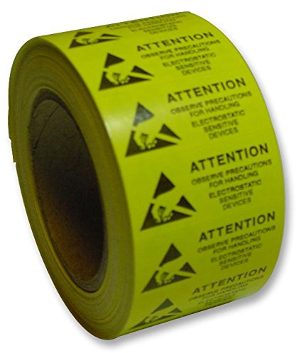 Attention Handling ESD 16X40 Etiqueta de color negroamarillo, altura de la etiqueta 16 mm, etiqueta leyenda atención observar precauciones para manipular dispositivos electrostáticos sensibles,