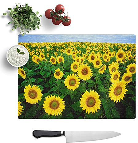 Glass Chopping Board, Yellow Sunflower Flowers, 39x28.5 cm | Textured Glass Worktop Saver with Non-slip Feet, Hygienic Cutting and Serving Board for Protecting Kitchen Surfaces