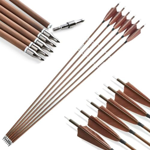 AMEYXGS 6/12x Bogenschießen Carbon Pfeile 31inch Jagdpfeile 340/400/500/600 Spine mit 4 Truthahnfedern Bogenpfeile für Recurve Compound Traditionelle Bogen Praxis (12, Braun, Spine 500)