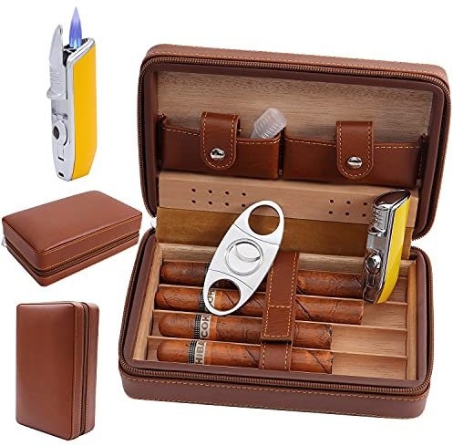 TUDO Cave à cigares, Étui à cigares, Cuir Portable de Voyage en Bois de cèdre Cave à cigares avec Humidificateur (Marron)