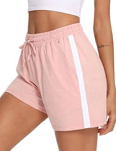 Litherday Shorts Damen Sportshorts Kurz Hosen Streifen Jogginghose Sommer Traininghose mit Taschen Elastischer Bund und Atmungsaktive Shorts zum Fitness, Running, Gym, Basketball, Rosa, M