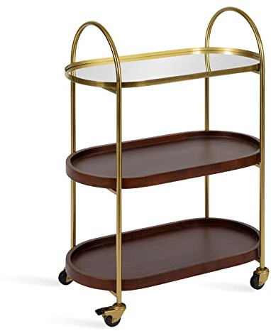 Kate and Laurel Maxfield Midcentury Modern Rolling Bar Cart, 26 x 13 x 36, Walnut and Gold, Decorative Glamorous Wood and Mirrored Kitchen Storage Cart with Wheels