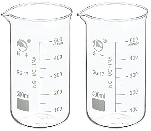 PATIKIL 500ml Tall Form Glass Beaker, 2 Pack 3.3 Borosilicate Glass Graduated Printed Scale Measuring Cups with Spout for Kitchen Lab Liquids Transit Boiling