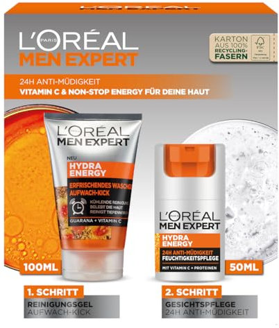 L'Oréal Men Expert Kit per la cura contro la pelle stanca per uomini, set regalo con gel detergente e crema viso 24H anti fatica, regali per uomo con vitamina C, Hydra Energy, 1 x 100 ml, 1 x 50 ml