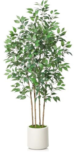 SOGUYI Ficus Artificial Tree 180cm Fake Silk Plant for Home Decor Indoor, Faux Floor Tree in White Imitation Ceramic Planter with Green Fake Moss for Home Office Corner Indoor Decor, Set of 1