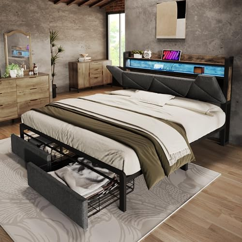 Merax Polsterbett Metallbett 140x200cm mit Schubladen, LED-Beleuchtung, USB & Stauraum Kopfteil, Doppelbett Bettgestell mit Lattenrost aus Metallrahmen, Stauraumbetten, Jugendbett, ohne Matratze, Grau