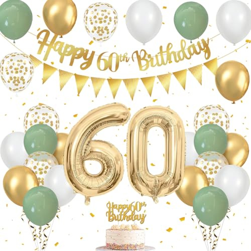 60th Birthday Decorations for Women - Green Gold 60th Birthday Balloons for Men Women Including Green White Gold Balloons Confetti Balloon Banner Triangle Flags Cake Topper, Number 60 Helium Balloon