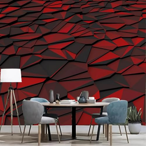 Custom Size Geometric 3D Wall Mural - Red & Black Polygon Stereo Effect, Modern Minimalist Abstract Design, Removable Self-Adhesive Wallpaper for Living Room, Bedroom, Home Office, Gaming Room