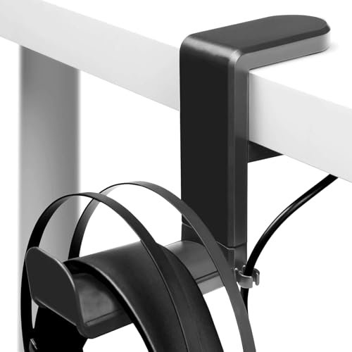 Luabue Supporto per cuffie per PC, colore nero, con morsetto girevole a 360° e clip per cavo integrato