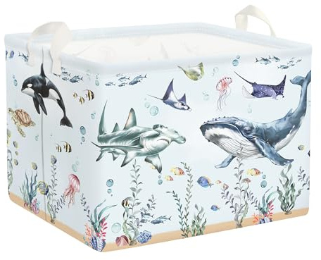HUUMONSS Groß Wäschekorb Wasserdicht Aufbewahrungskorb für Kinder, 36L | Aufbewahrungsbox mit Stoff, Kleidung Spielzeug Buch Decke, Junge Mädchen Kinderzimmer Badezimmer Waschküche, Meerestiere