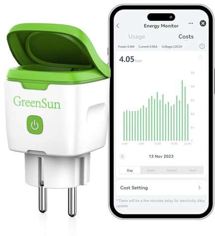 GreenSun WLAN Steckdose Outdoor - Zeitschaltuhr Aussenbereich Stromzähler für Steckdose Aussensteckdose Wasserdicht IP44 mit Strommessung Zeitschaltuhr Kompatibel mit Alexa Google Home 16A 2,4GHz Wifi