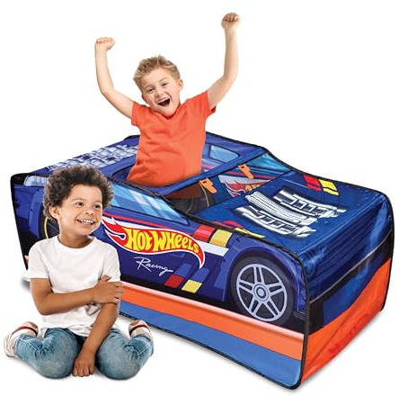 Hot Wheels™ Pop Up Spielzelt, Spielhaus für Jungen, Rennwagenzelt mit Anschlüssen für Hot Wheels Tracks, Indoor-Spielplatz mit aufrollbarer Tür & Dachöffnung, einfacher Aufbau, flach zusammenklappbar