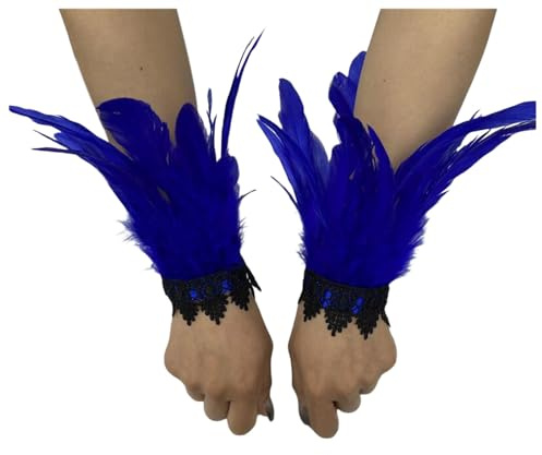 Federn Armbänder Damen Vintage Feder Manschette Accessoires Gothic Feder Manschetten Frauen Federschlagarmbänder Feder Spitze Handschuhe Federschmuck für Halloween Kostüm, Rollenspiel (Blue, One Size)