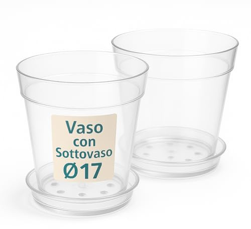 Tomaino - Vase transparent pour orchidée en plastique avec soucoupe - Pour rempotage des plantes intérieures et extérieures (2, Ø 17)