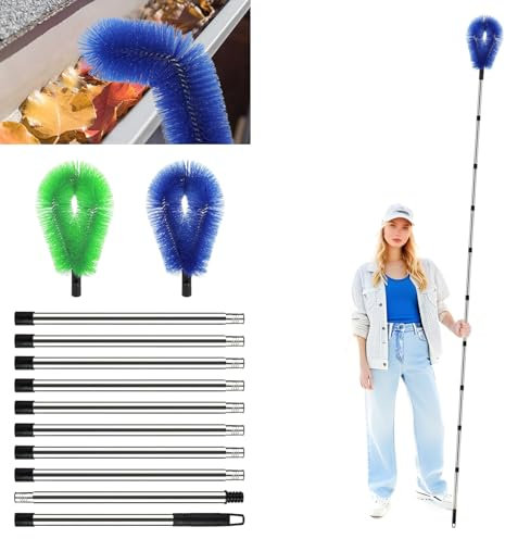 Telescopic Gutter Cleaning Tool - 12.7Ft Gutter Cleaning Tools, 10 Pole Extendable Gutter Cleaner with Hard & Soft Bristle Brush Heads, Roof Gutter Cleaner for Leaves, Debris, Windows, Spider Webs