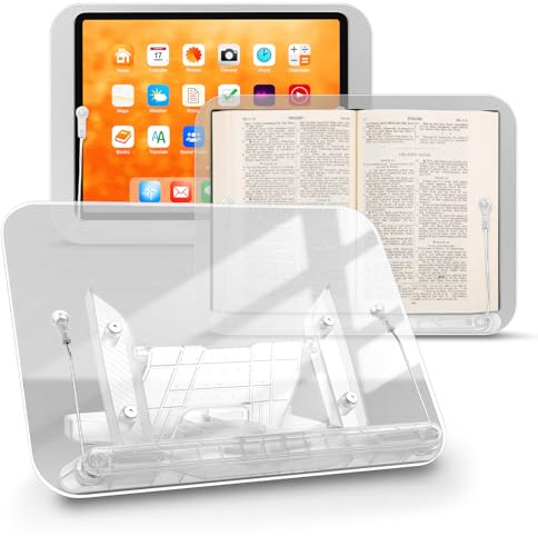 Buchständer aus Acryl, verstellbarer Buchhalter und Büroklammern, faltbar, elastische Clips, multifunktionaler Präsentationsständer zum Lesen von Rezepten, Kochbüchern, Tablets, Laptops (Acryl)