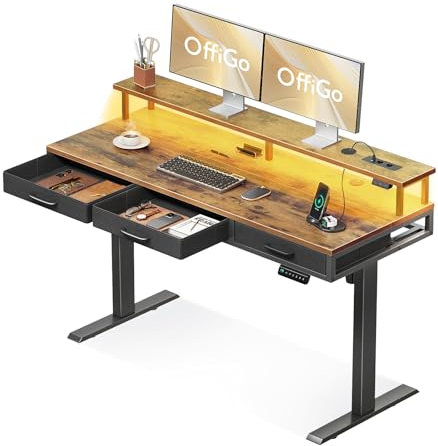 OffiGo Elektrischer Schreibtisch mit Schubladen, 140cm Höhenverstellbarer Schreibtisch mit Monitorständer, Gaming Tisch mit Steckdosen und Lichtleiste, Tisch Höhenverstellbar Bürotisch, Braun