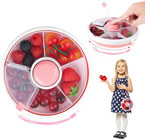 BellaHälsosam snacksspinnare med 5 fack, vridbar snackslåda med lock, återanvändbar snacksorganisatör för frukt, nötter, godis – perfekt för barn, picknick, fester och på språng (rosa)