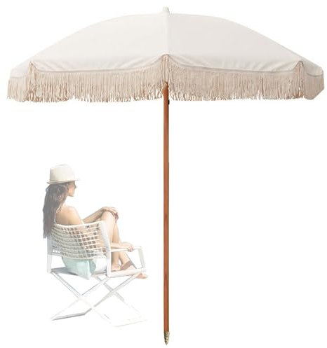 Ø200cm Parasol de Jardin Pliable en Bois avec Franges, Protection Solaire UPF 50+, pour Jardin, Piscine, Cour