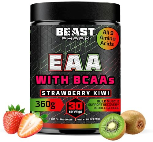 Beast Pharm 9 EAA Amino Acids with BCAA Powder 2:1:1 Ratio - Essential Amino Acids Powder - 360g - EAAs Recovery Drink - 30 Servings - Strawberry Kiwi