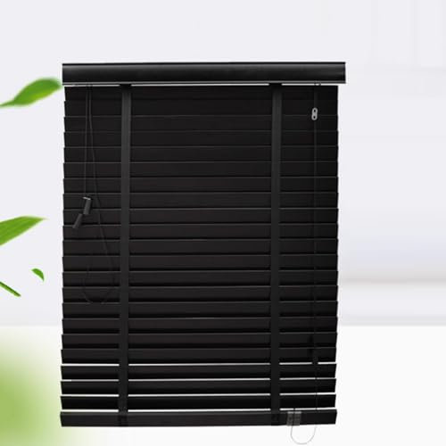 Jalousien aus Echtholz, Anti-UV/atmungsaktiv, 50 mm horizontale Lamellen, einfach anzubringende Vorhänge, schwarze Fensterbehandlung, Fensterläden für Innenbereich, Küche, Büro