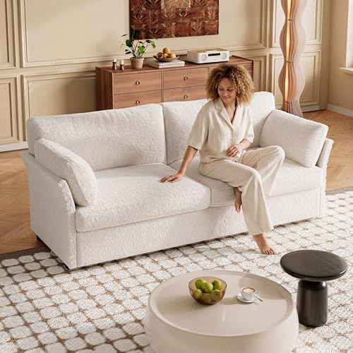 Guyii Sofá de tela de 186 cm de 3 plazas – Sofá acolchado suave para salón, cómodo sofá en color claro, moderno sofá de tela con reposabrazos, ideal como sofá de salón