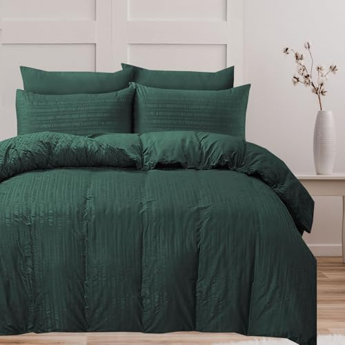 Bronwen Mathews Seersucker Duvet Cover Set Bottle Green - King Duvet Cover with Pillowcases Soft Microfiber Breathable and Easy Care Bedding Set (King)