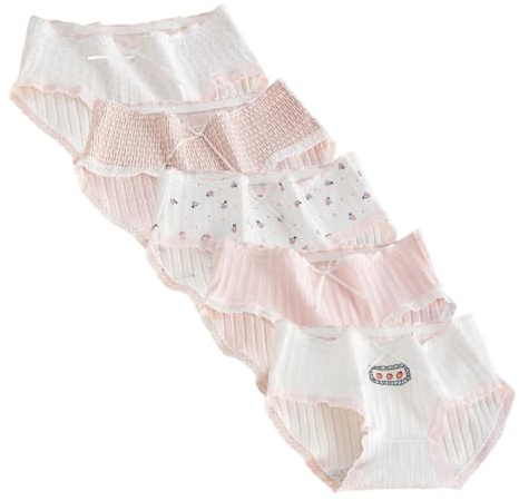 Lot de 5 culottes mignonnes en coton pour femme - Style japonais kawaii - Taille moyenne - Triangle rose - Couverture complète - Doux - Nœud à volants - Confortable - Pour le quotidien