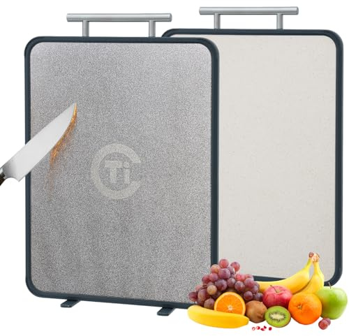 Titanium Cutting Board for Kitchen- Double Sided Cutting Board with Stand, Textured Food-Grade Pure Titanium Side for Chopping Meat, PP Side for Vegetables, Easy to Clean(14.5”×11”, 1 PC)