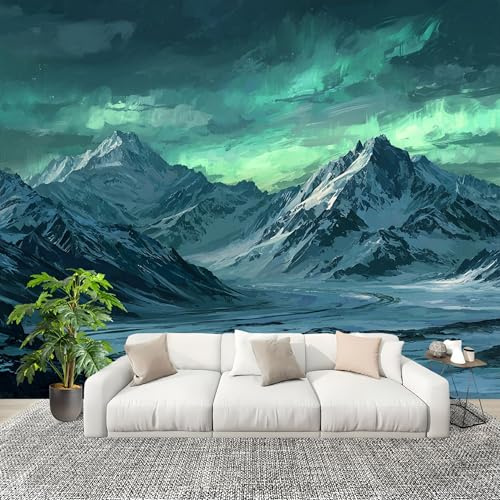 Sala Papel Pintado Fotomurales 200x140 cm Aurora Boreal En La MontañA Nevada Pintada Mural de Pared Moderno Azul Papel Pintado Tejido no Tejido Dormitorio Estudio Decoración Fotomurales