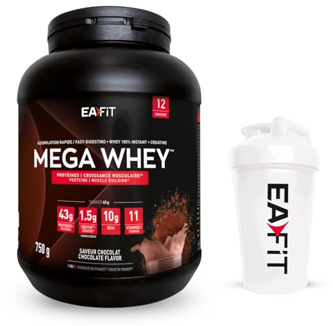 Mega whey chocolat 750g + shaker blanc avec mélangeur en acier - EAFIT marque française