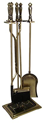 Juego de 5 Herramientas Resistentes de latón para Chimenea, para Exteriores, Interiores, chimeneas, Estufas, fogatas. Incluye Pala, Pinzas, Cepillo y Soporte.