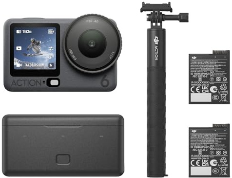 DJI Osmo Action 6 Enhanced Combo, 8K Waterproof Action Camera with 1/1.1 Square Sensor, Variable Aperture of f/2.0–f/4.0, Extended Battery Life with 2 Batteries, 1.5m Extension Rod, Battery Case