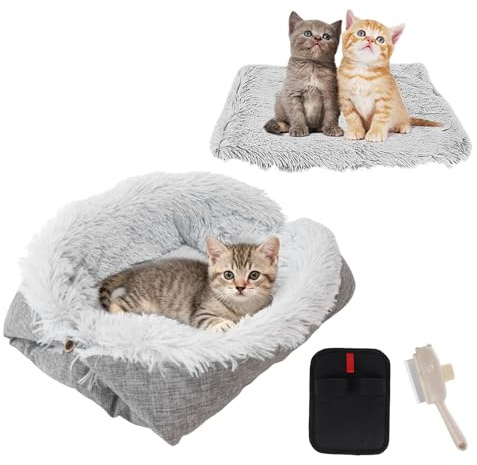Juadnic Katzenbett, Waschbar Katzenkorb, 2 in 1 Weich Katzenbett Flauschig, Bequem Katzenkissen, Geeignet Für Katzen Und Kleine Hunde, 61 * 51 cm, Grau