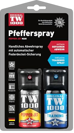 Pfefferspray TW1000 Pepper-Jet 40 ml Direktstrahl Flip-Top Federdeckelsicherung Twin-Pack inklusive Trainingsspray 40 ml Jet Blisterverpackung