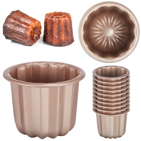 Blushtier 12 Pcs Canele Mold Cake Pan Non Stick small Copper Color Canele Molds Muffin Bakeware Cupcake Pan 2.8 Inch Carbon Steel Pastry Mould Mini Cupcake Holders DIY Cake Muffin Oven Baking Tool