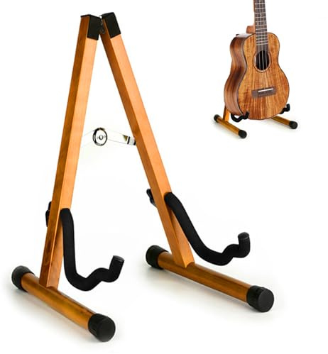 Gitarrenständer Holz, Faltbarer Gitarrenständer Akustikgitarre aus Massivholz, Universaler Bodenständer für E-Gitarre, Bass, Cello, Banjo und Ukulele, Rutschfest & Platzsparend (Dunkle Holzfarbe)